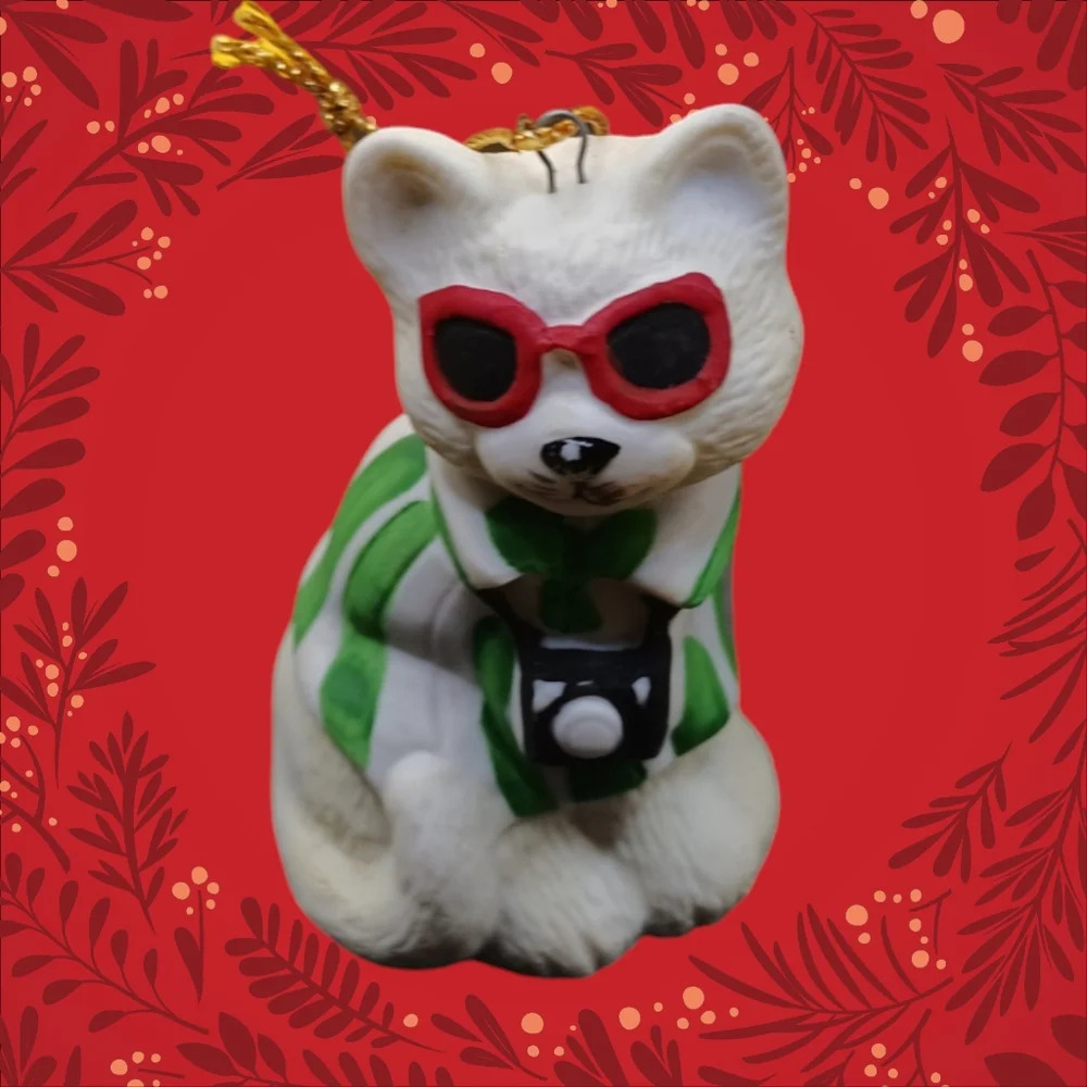 Christmas ornament cat photographer with sunglasses
